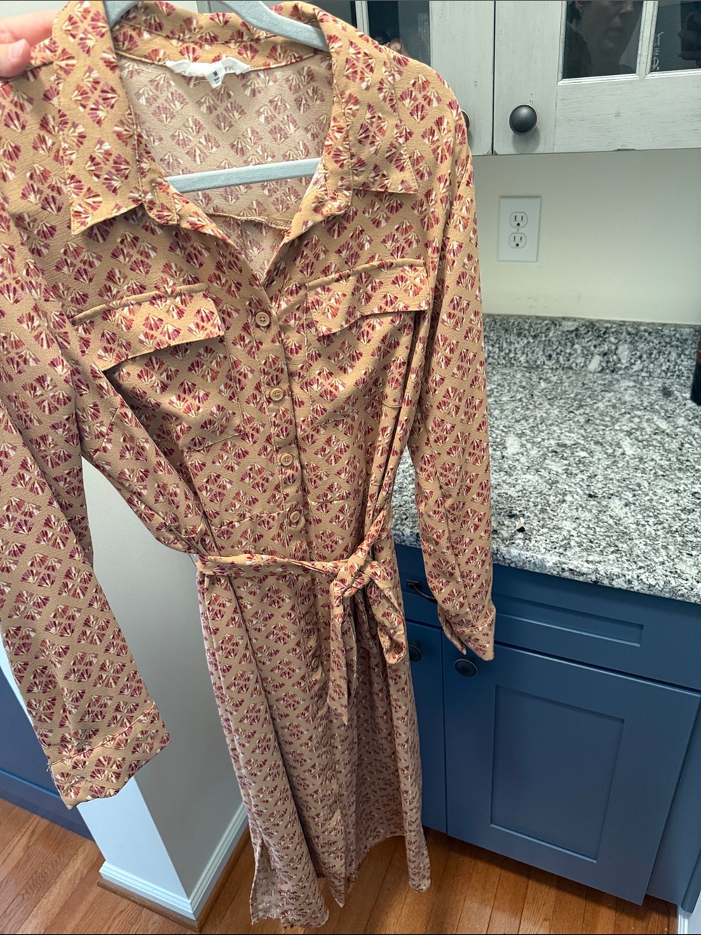 Lucky Brand Tan Shirt Dress with Red Floral Print